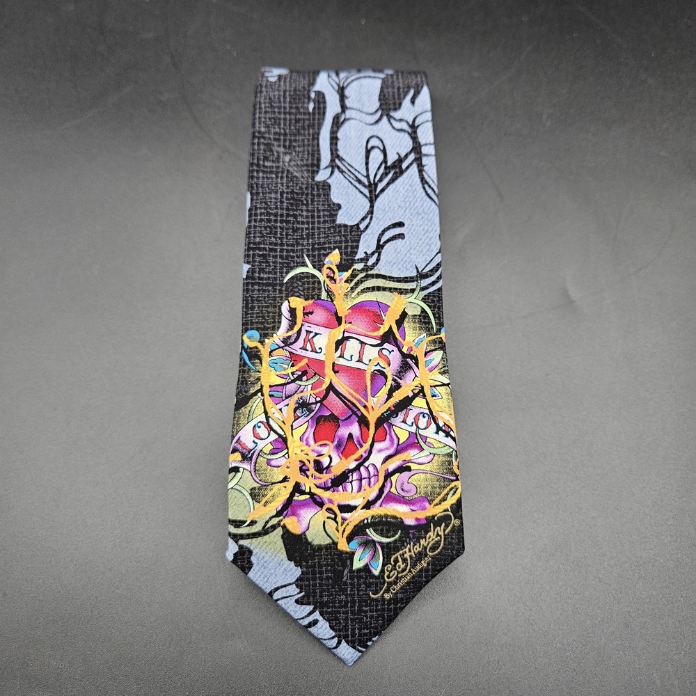VTG Y2K Ed Hardy Christian Audigier Skull & Heart Silk Necktie Tie Love Kills